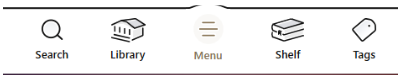 The navigation bar in the Libby app. From left to right - a magnifying glass with the label Search, a building with the label Library, three lines in a column with the label Menu, a stack of books with the label Shelf, and a tag with the label Tag.